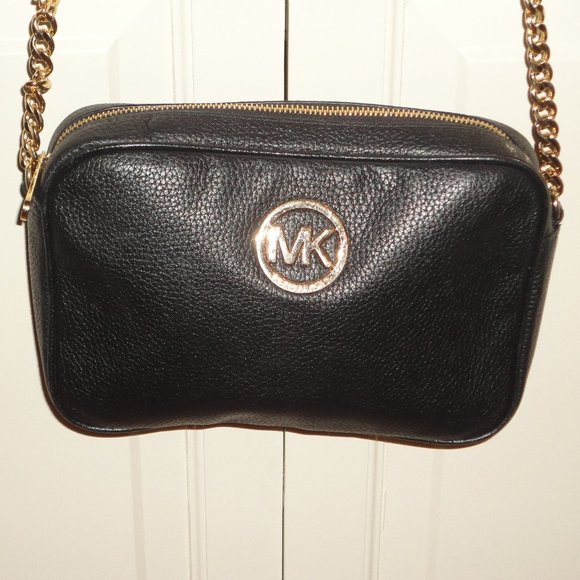 MICHAEL KORS Fulton Black Pebbled Leather & Gold Crossbody Purse - Picture 1 of 11